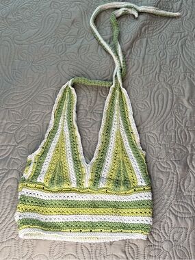 Hollister Green & White Striped Crochet Halter Bralette